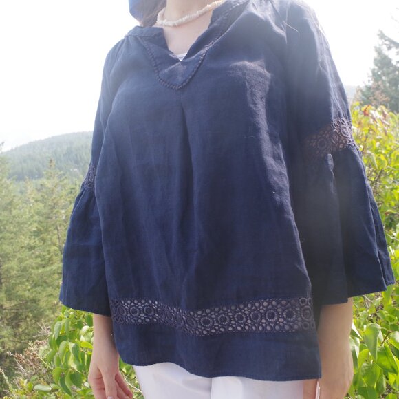 Ladies 100% Linen Blouse Navy Color - Picture 3 of 10